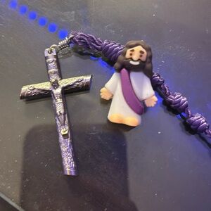 Mini purple pocket Jesus and purple cross necklace